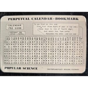 Vintage '52 Popular Science Perpetual Calendar Bookmark 1753-2059 Arthur Merrill